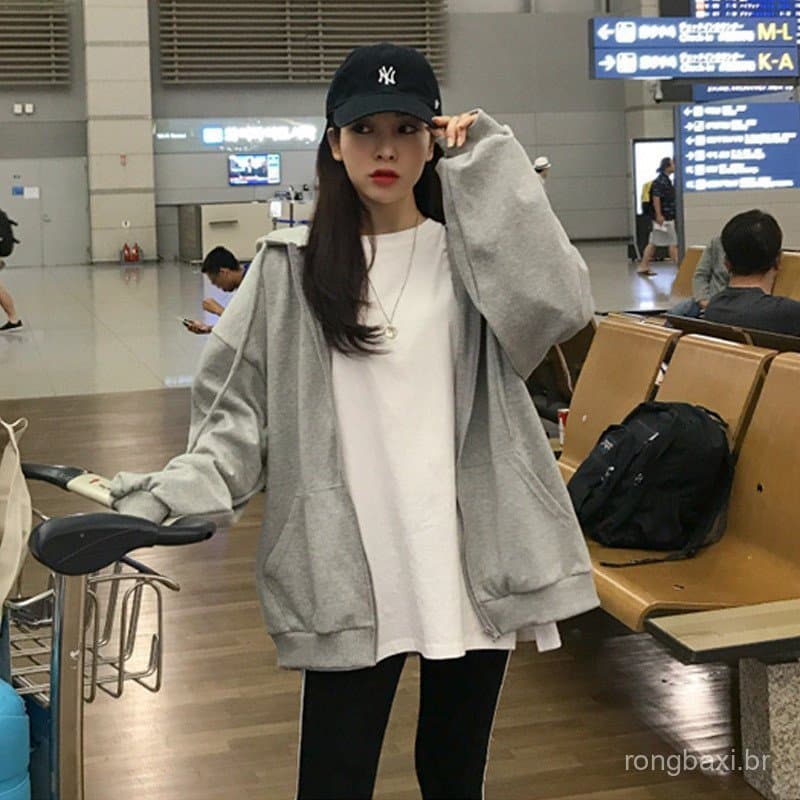 Outono inverno novo estilo preto forro de lã zíper moletom feminino solto versão coreana estudante Plus Size Hoo