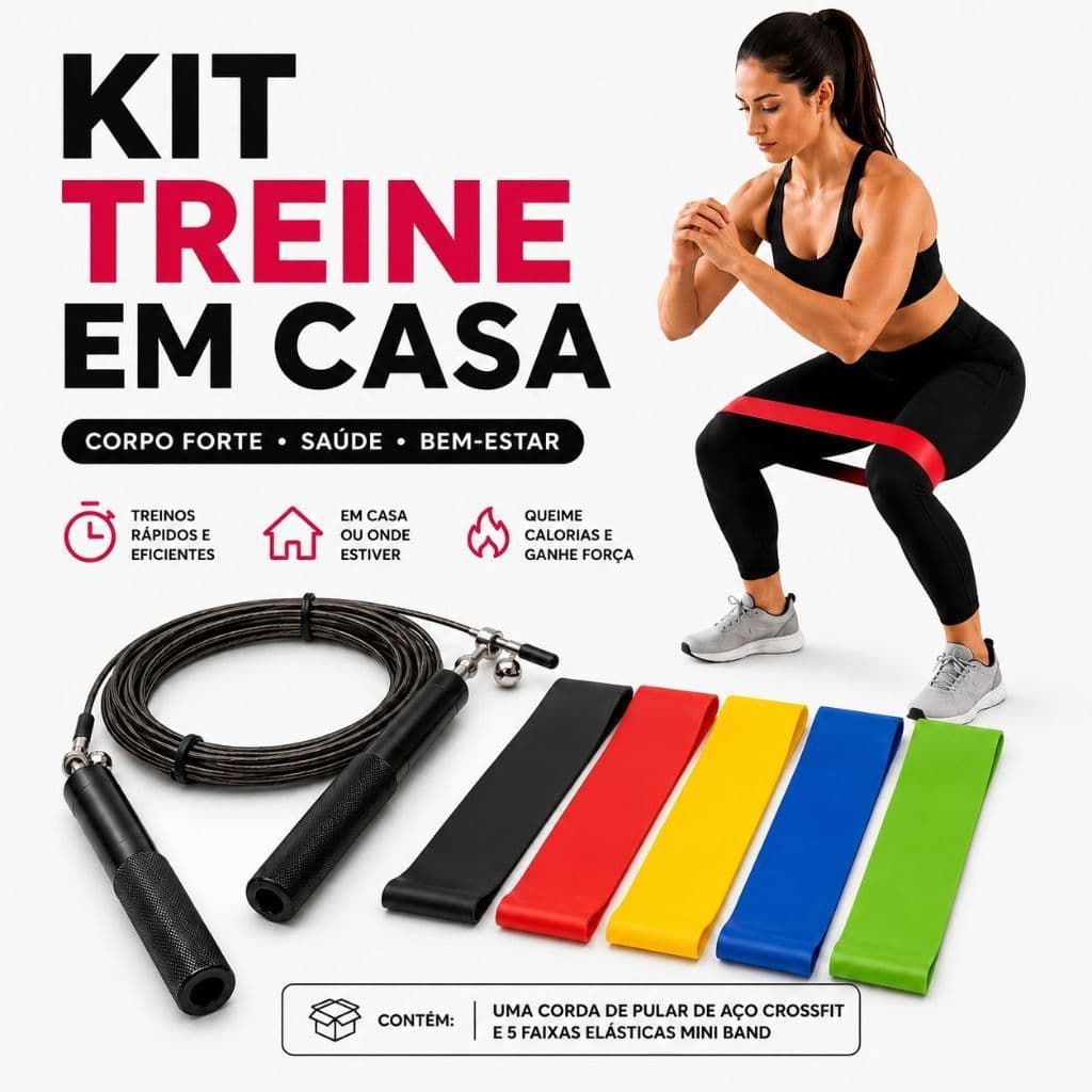 Kit Treino em casa- 5 elásticos mini band + Corda de Pular Ajustável Profissional, Fortalecimento e Cardio no seu tempo