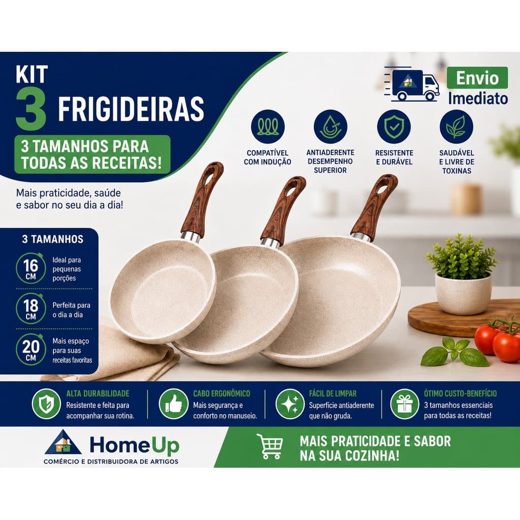 KIT 3 Frigideiras 20cm, 18cm e 16 cm  Cerâmica Antiaderente Indução Cabo Antitérmico Fogão Gás Elétrico  multiuso