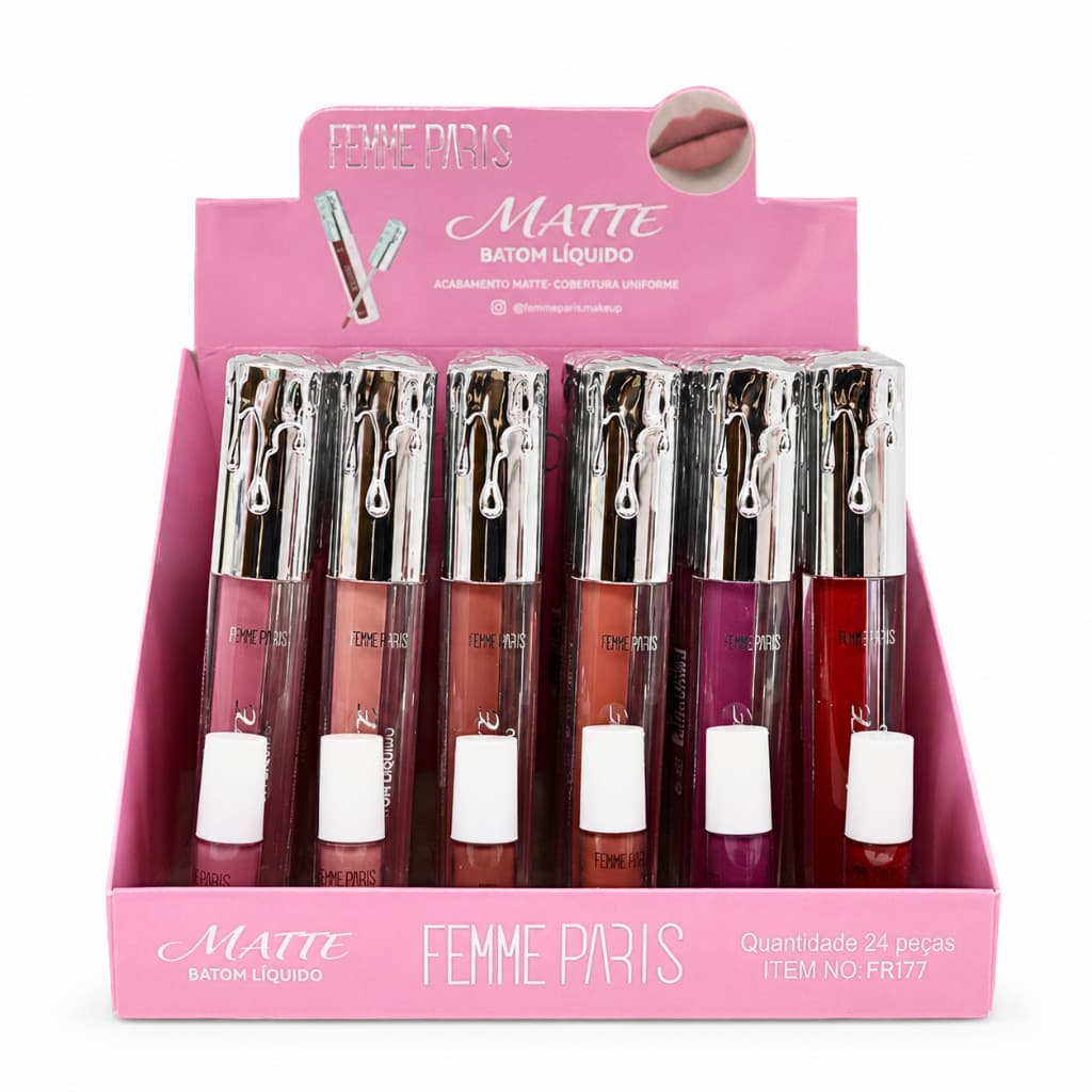 💄 KIT Laçamento Batom Líquido Matte Femme Paris | Alta Pigmentação | Embalagem Premium Metalizada