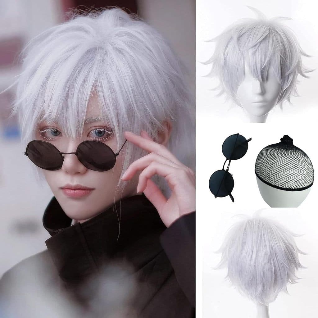 Peruca branca Gojo Satoru COS Jujutsu Kaisen anime, peruca de cosplay de fibra respirável e resistente a altas temperatu