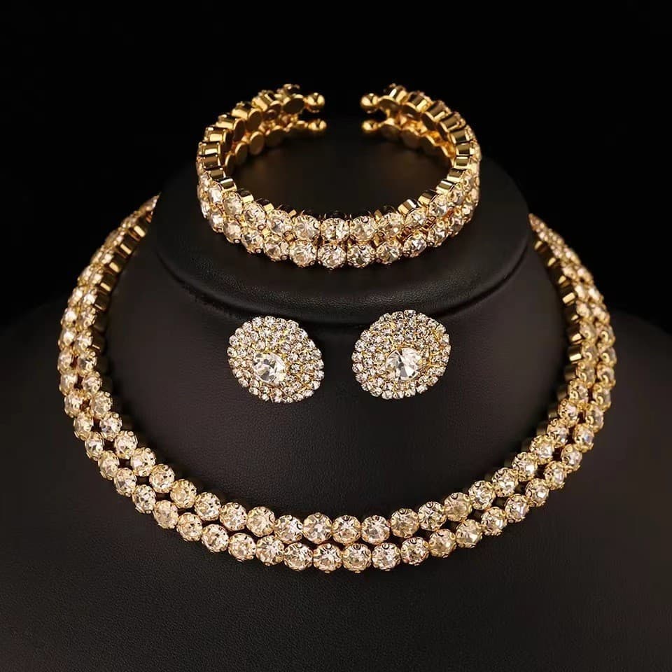 Moda ouro cheio de diamante dupla drenagem colar de diamante conjunto de três peças colar de casamento nupcial brincos p