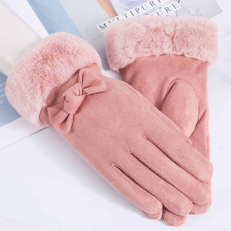 Luvas de camurça femininas tela sensível ao toque luvas de cinco dedos inverno versão coreana arco elegante luvas quente