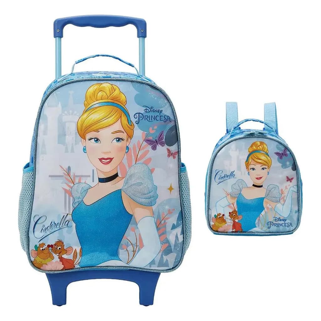 Kit Mochila Rodinha Lancheira Xeryus Cinderella X1 Azul