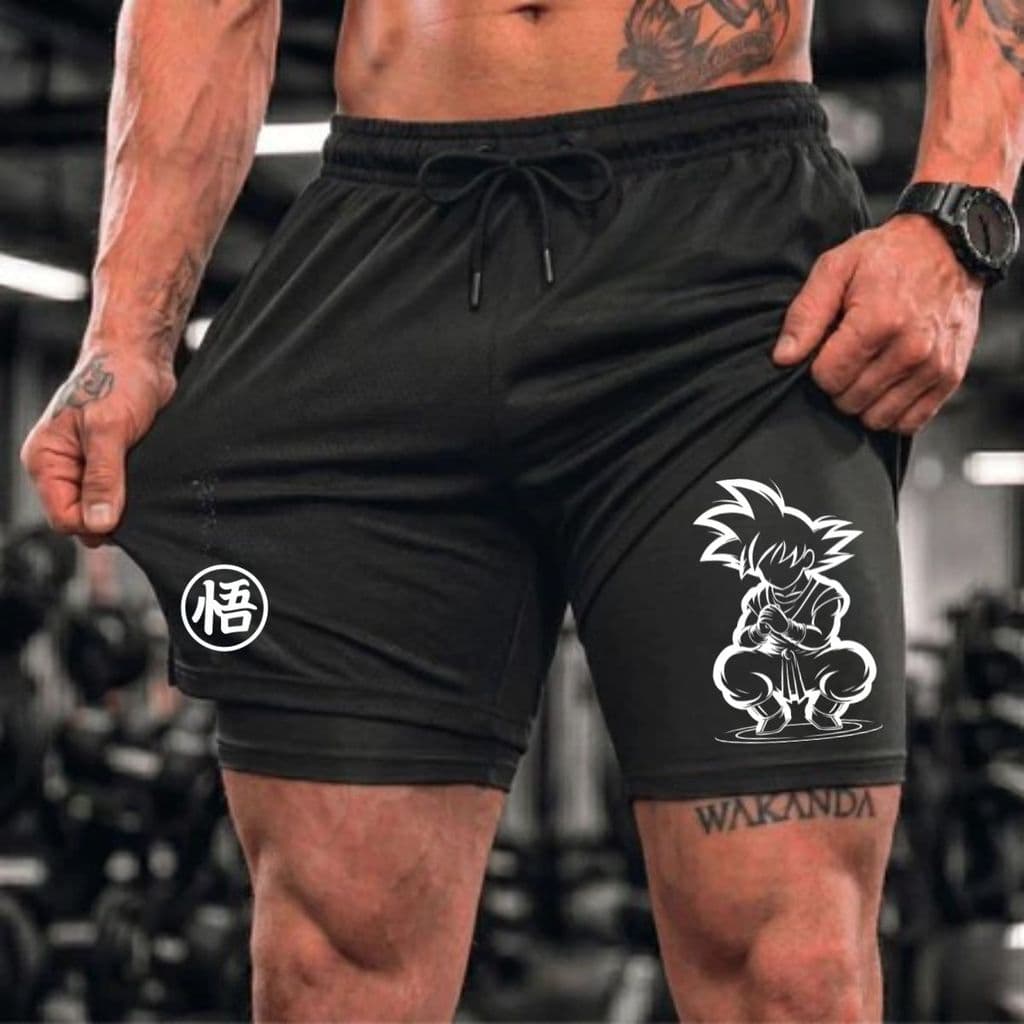 Shorts Bermuda 2 em 1 Estampa Goku Agachado Para Academia treino e corrida hard muay thai jiu jitsu compressão