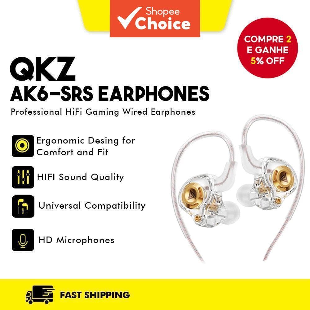 QKZ AK6 SRS Fones de Ouvido com Fio, Fones de Ouvido Estéreo com Graves Potentes, Microfone, Fones Intra-Auriculares
