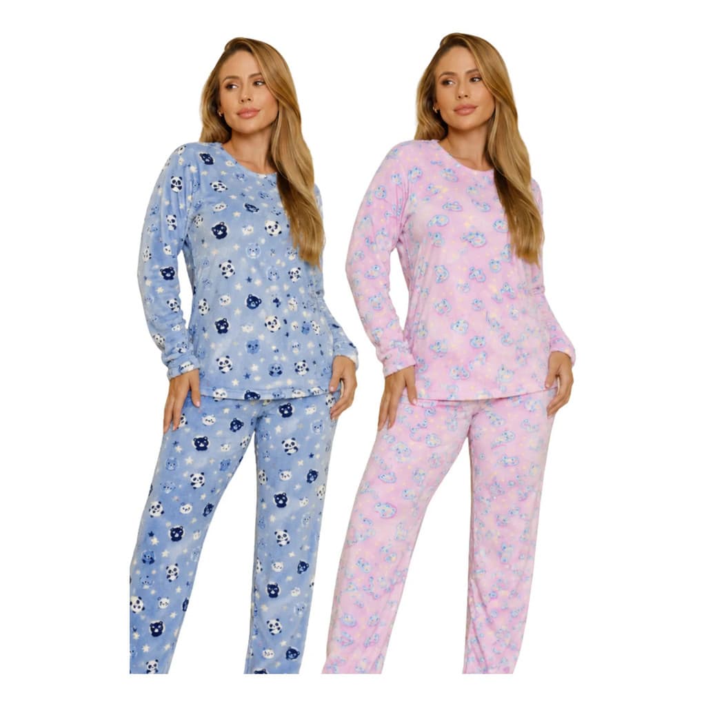 Kit 2 Pijamas Feminino Frio Inverno Soft Peluciado Quentinho-Estampas variadas,GG(Estampas variadas,GG)