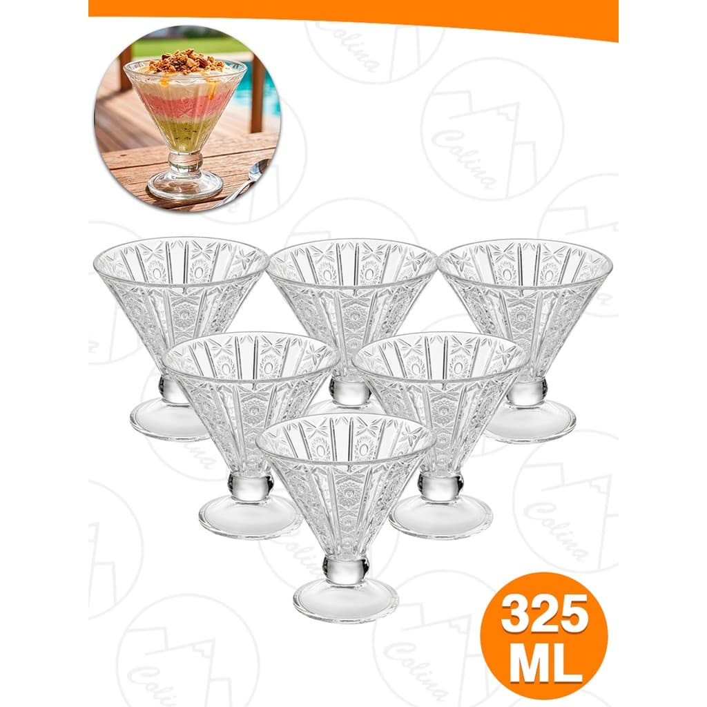 Jogo 6 Taças de Sobremesa De Vidro Detalhado Luxuoso Canelado Sorvete 325ML Importadora Util