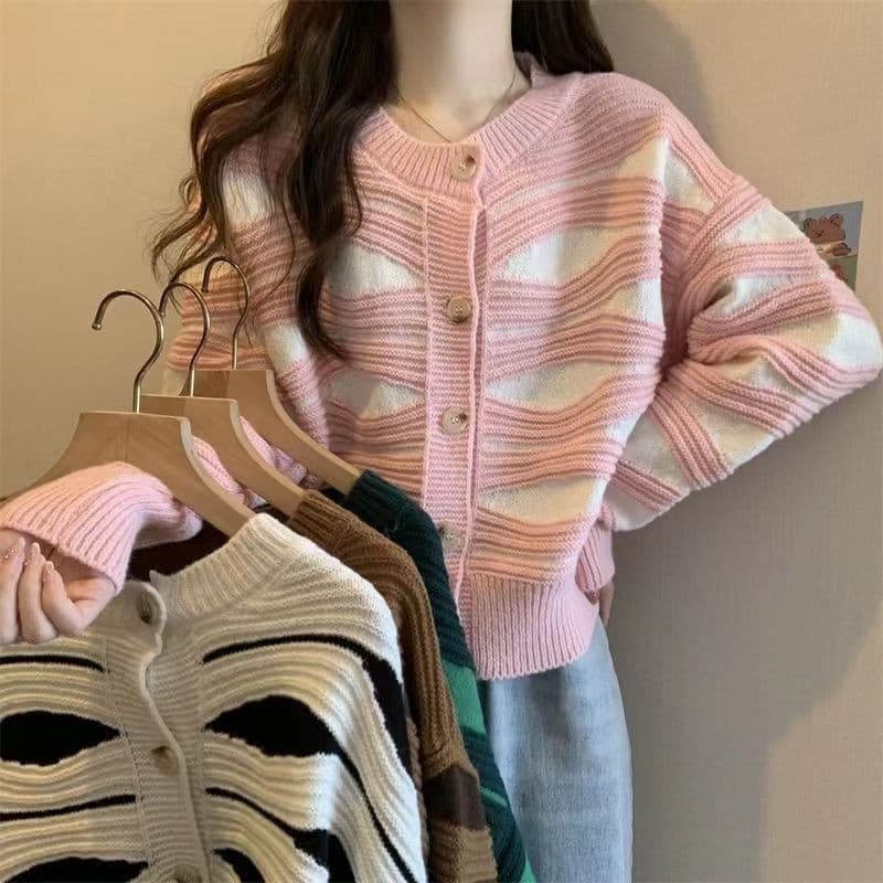 Cardigan De Malha Listrado – Jaqueta Estilo Preguiçoso Feminina De Outono