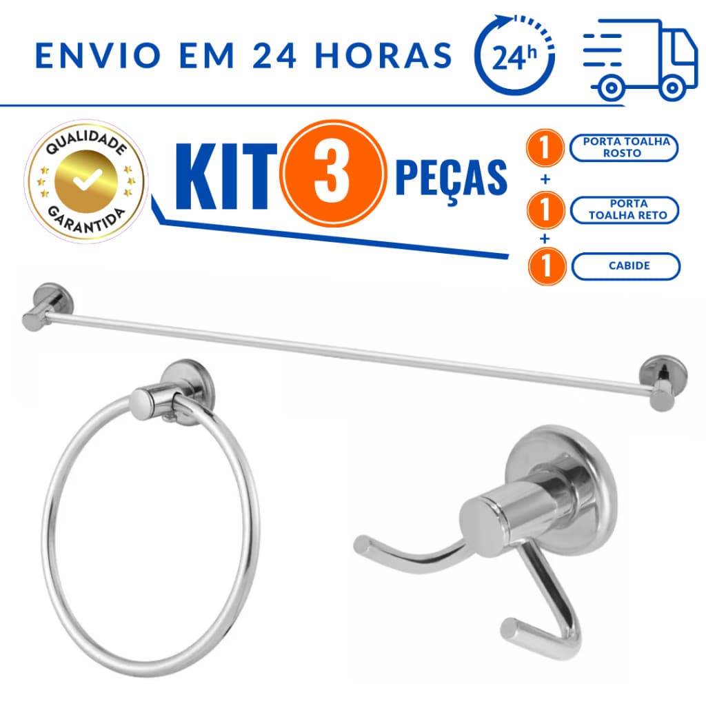 Kit 3 peças  Acessórios  Para Banheiro Porta toalha Reto  45cm  Porta Argola e Cabide 2 Ganchos