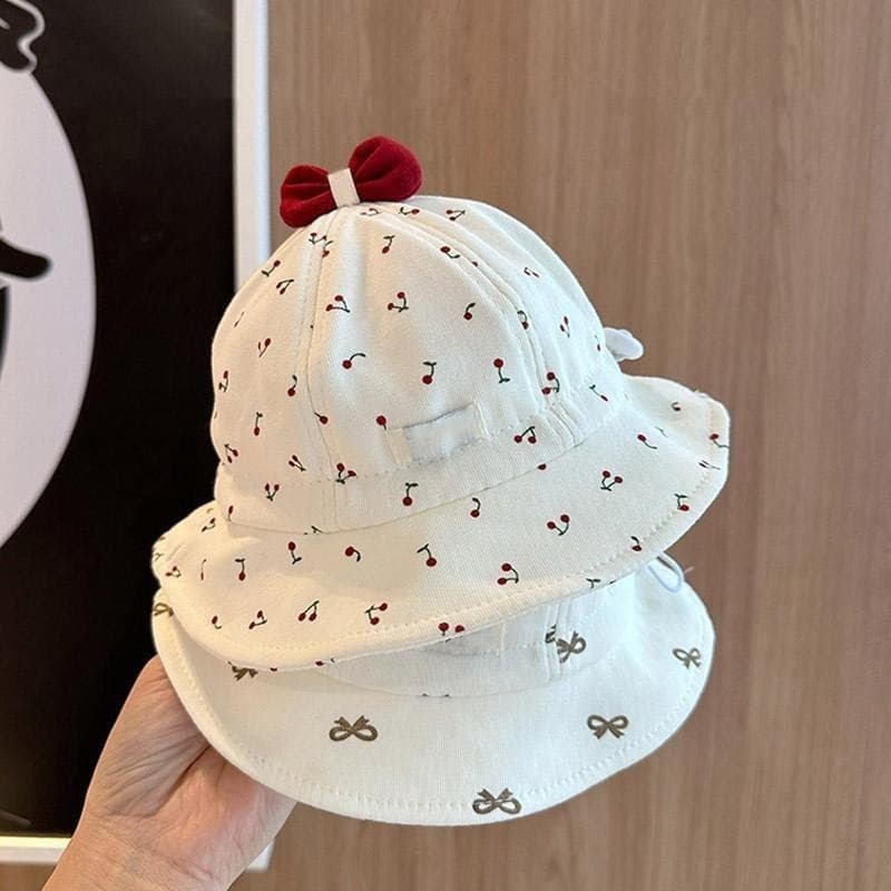 Chapéu de Balde Fofo para Bebê Menina com Laço, Estampa de Cereja em Estilo Cartoon, Boné de Pescador Ajustável para Men