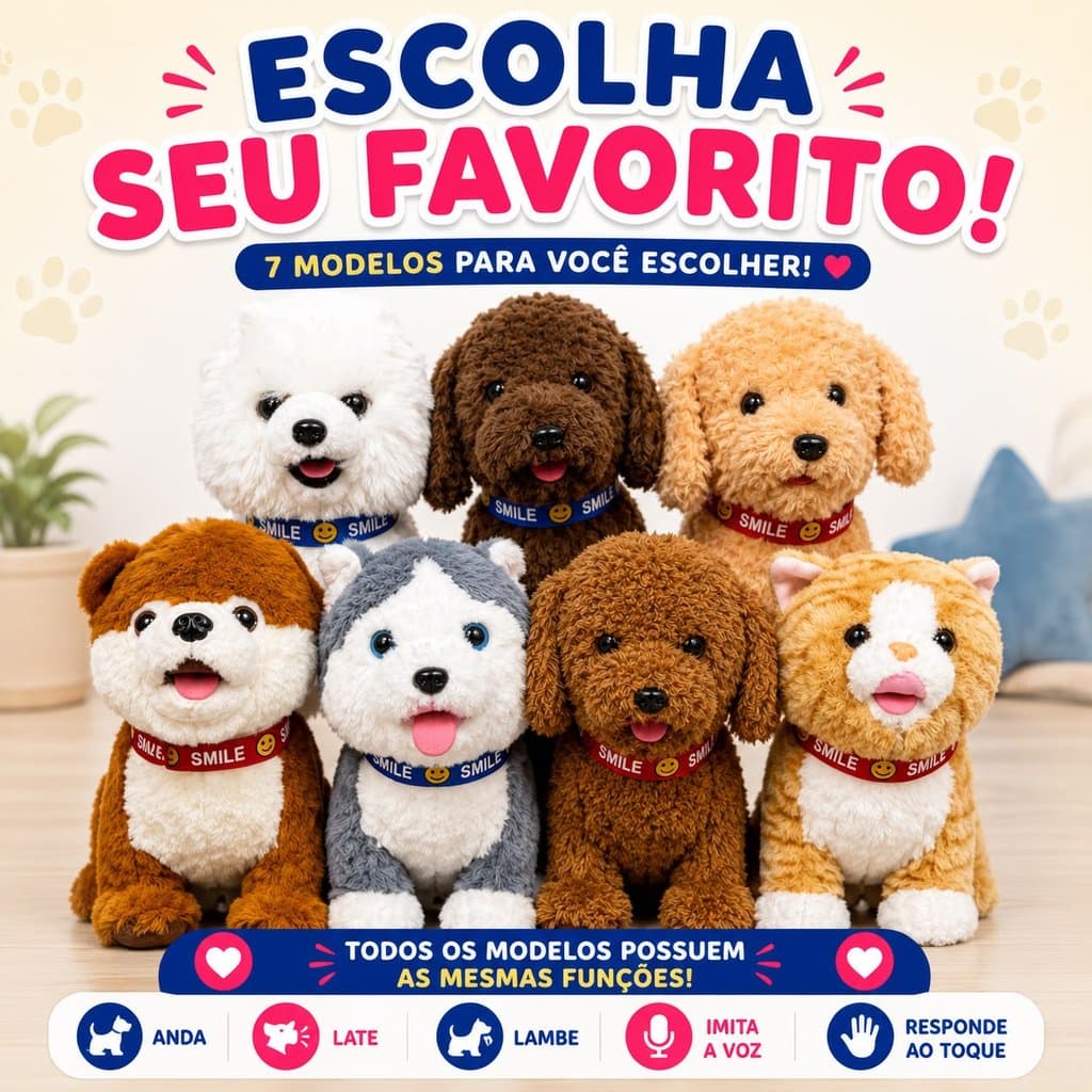 Cachorro Pelucia Realista Toto Gato Interativo Eletrico Som Lambe Fala Criança Pilha