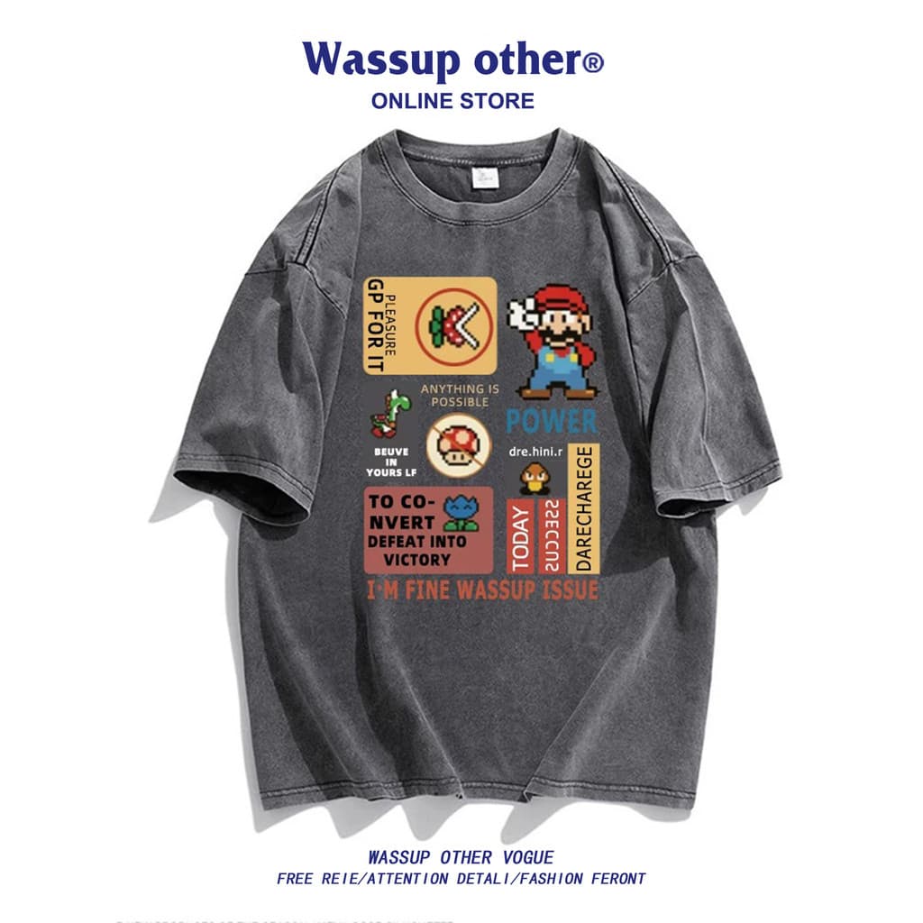 WASSUP OUTRO Heavy Wash Camiseta de manga curta masculina verão solto casal Top meia manga masculina
