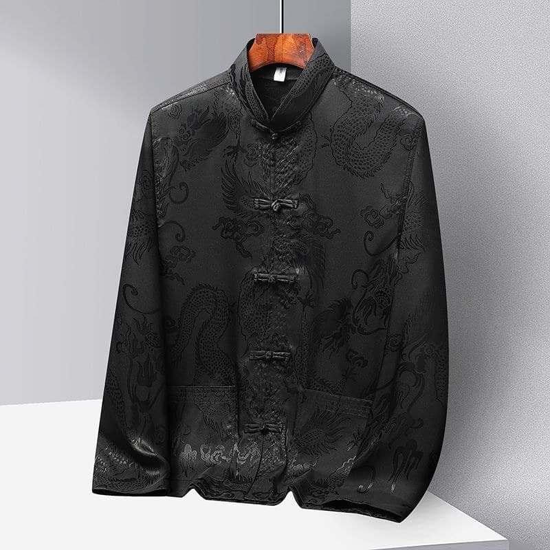 Novo estilo chinês dragão padrão Tang terno masculino seda gelo manga comprida terno primavera meia-idade idosos Hanfu p