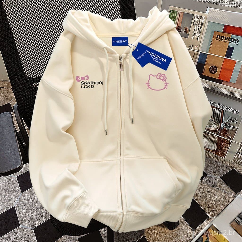 Moletom com zíper estilo americano com estampa de gato fofo, casual, para o campus, de manga longa, para outono e invern