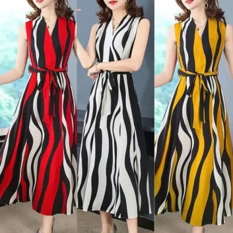 Verão listrado moda All-Match vestido sem mangas feminino comprimento médio