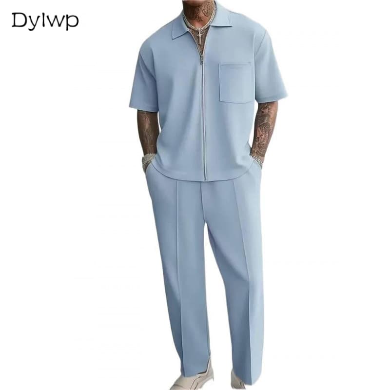 Conjuntos Masculinos Casuais De Manga Curta Com Zíper Camisa Polo E Calças & -