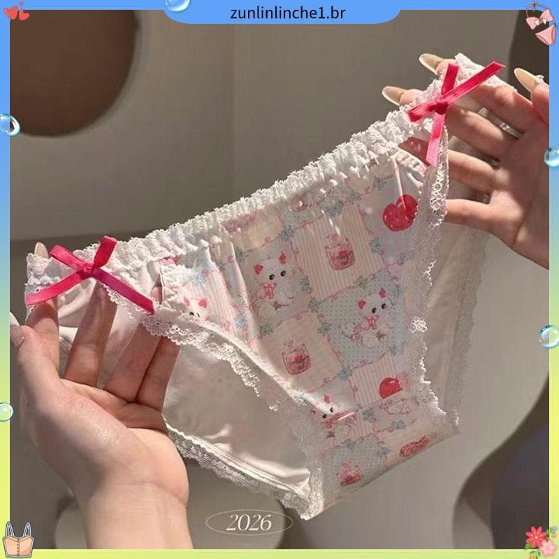 Bonito gatinho doce legal dos desenhos animados impresso calcinha feminina estilo doce contraste cor Bowknot calcinha de