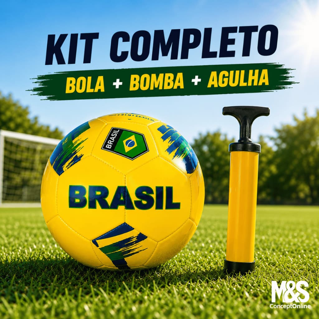 Kit Bola De Futebol Brasil Nº 5 Amarela Com Bomba De Ar 24cm Costurada Campo Quadra Lazer