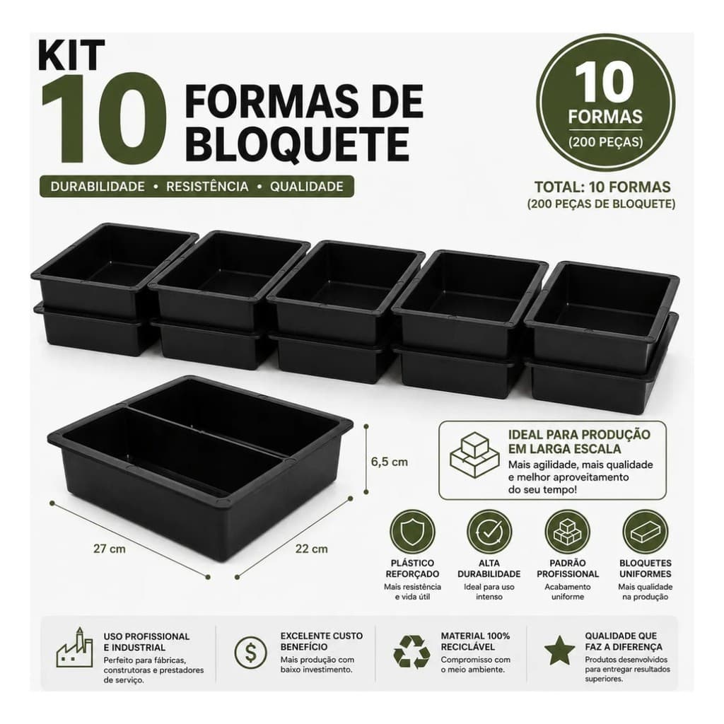 Kit Com 10 Forma Dupla Para Produzir  Bloquete Retangular Manualmente Concreto medidas 20x10cmx6cm