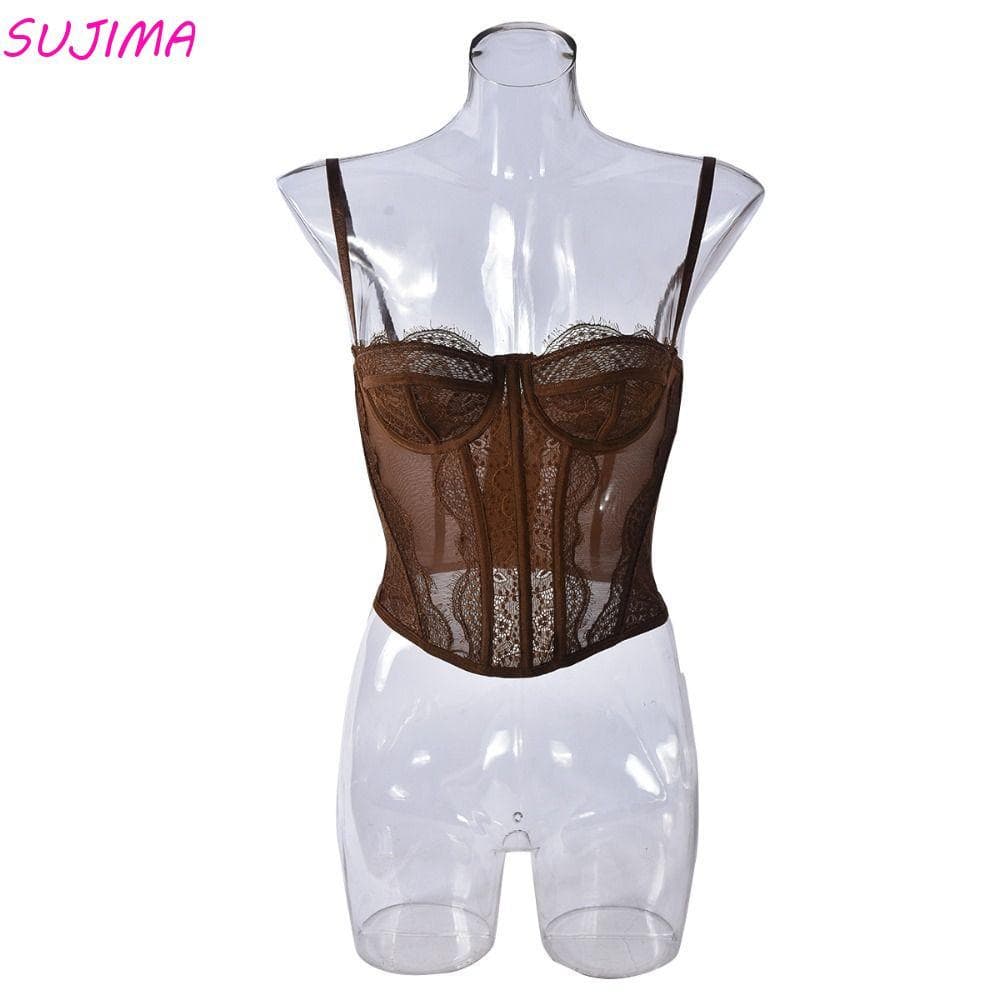 Camisola De Renda SUJIMA , Espartilho Oca Slim fit , Regata Sem Mangas Streetwear , Tops Curtos Para Viagem