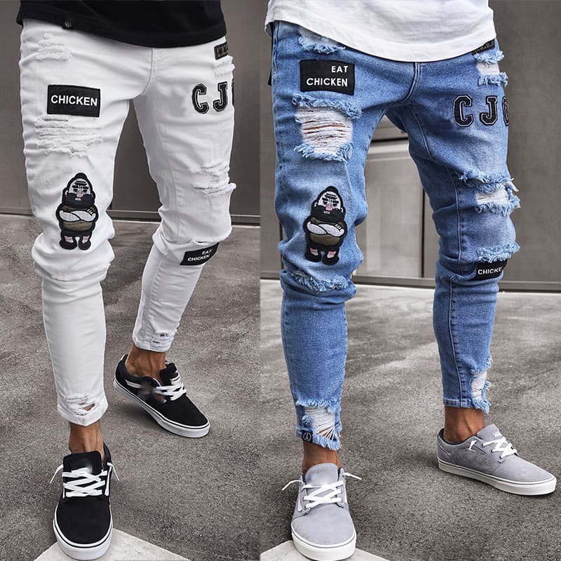 Calça Jeans masculina branca de alta qualidade rasgada na moda preta Slim fit Jeans masculina