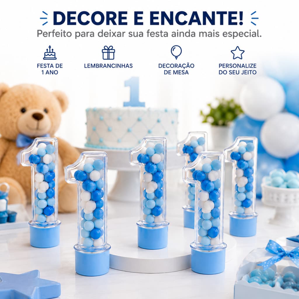 Kit De 10 Até 50 Tubetes N.º 1 Transparente Tampa Azul Festa Infantil 1 Ano Lembrancinha 9cm