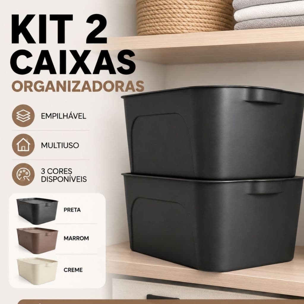 Kit Jogo 2 Caixas Organizadoras 9L Cestos Empilhável Com Tampa Multiuso Quarto Closet Lavanderia