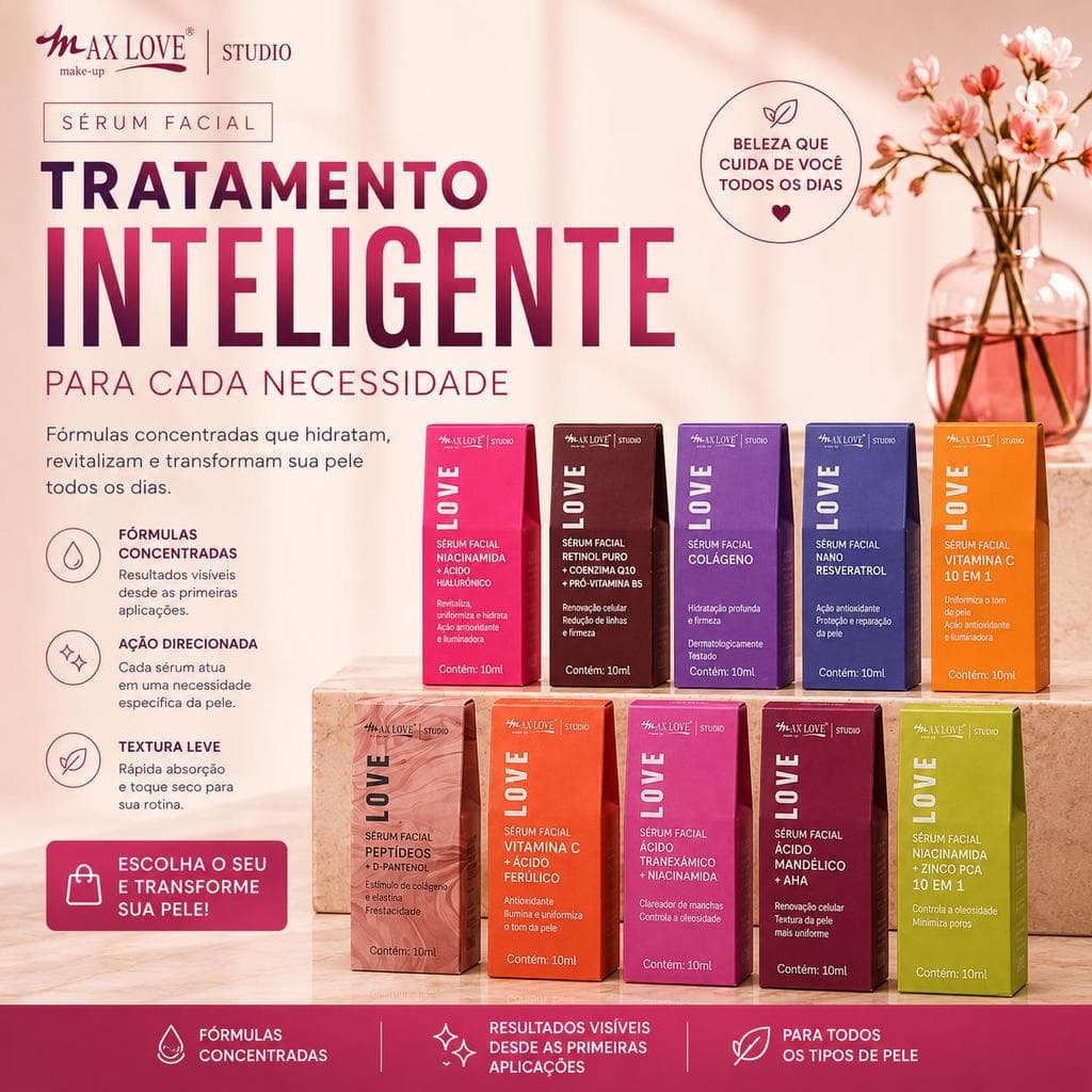 Max Love Sérum Facial com Vitamina C, Rosa Mosqueta e Ácido Hialurônico para Hidratação Profunda e Clareamento da Pele