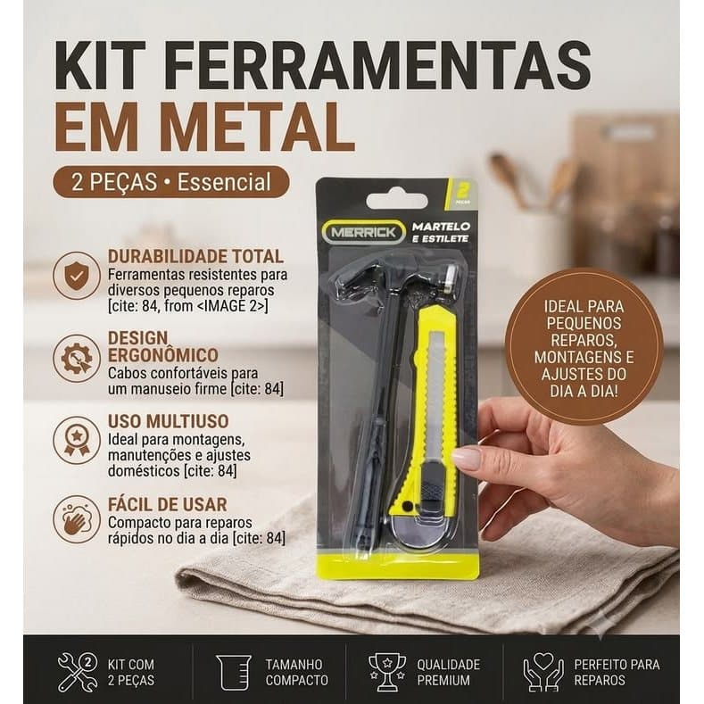 Kit Ferramentas 2 Peças Martelo e Estilete em Metal Merrick