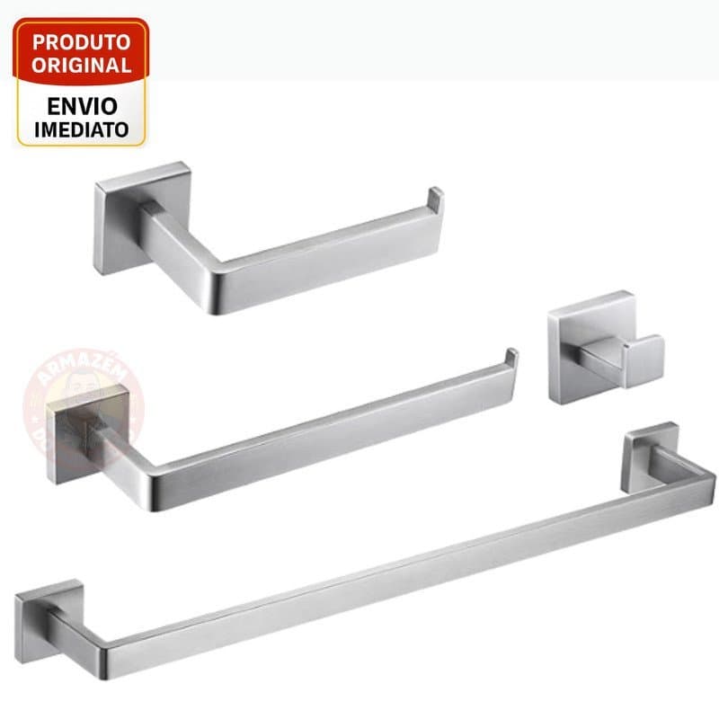 Kit Acessórios Banheiro Inox 4 Peças Cinza Premium | Toalheiro, Papeleira, Gancho e Suporte Moderno