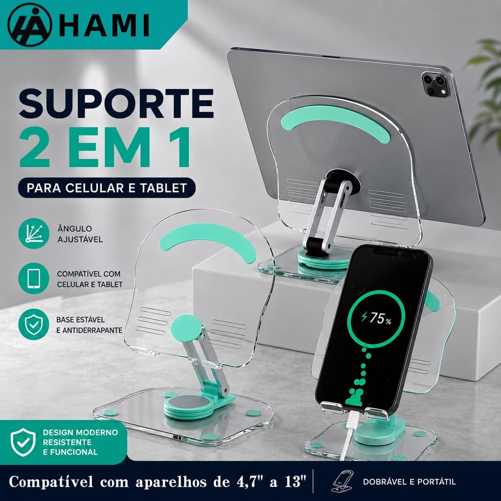 HAMI Suporte Dobrável Giratório 360° para Celular e Tablet 4,7"–13" em Acrílico Transparente com Base Antiderrapante