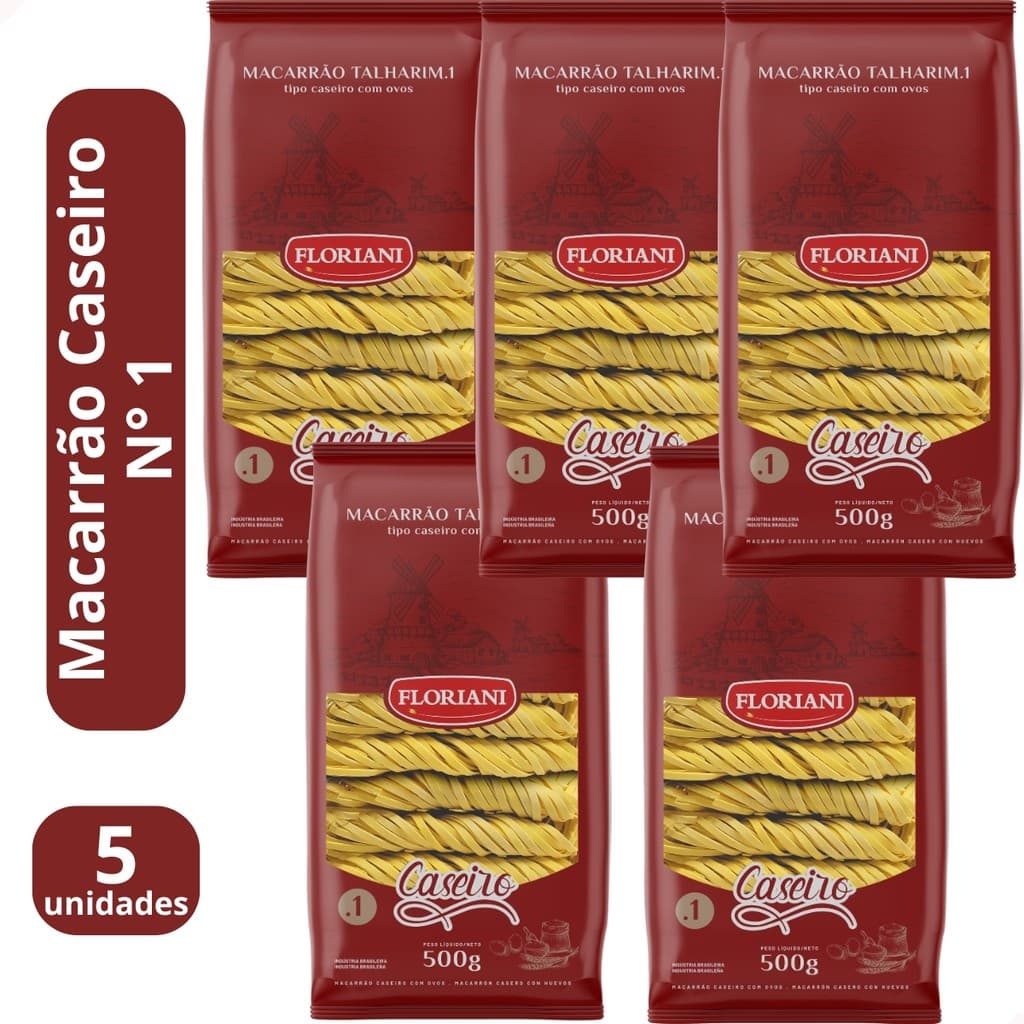KIT 5 - Macarrão Caseiro Talharim Com Ovos 500g Numero 1 Massa Caseira Gourmet Pasta Floriani