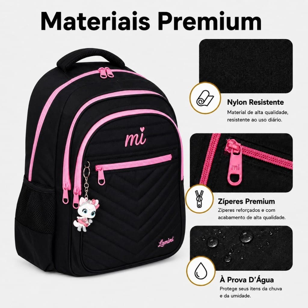 Mochila Escolar Feminina Infantil Preto/Rosa/Verde/Lilas Premium Grande