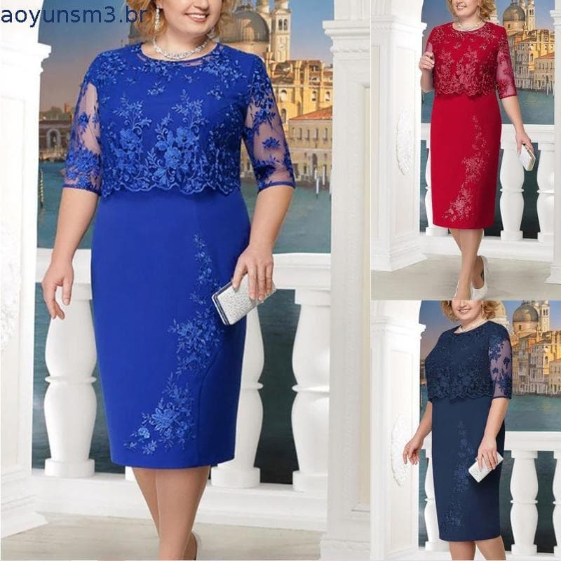 (Cherisp)Midi Feminino Plus Size De Renda Com Manga Curta Para Coquetel / Festa Noturna