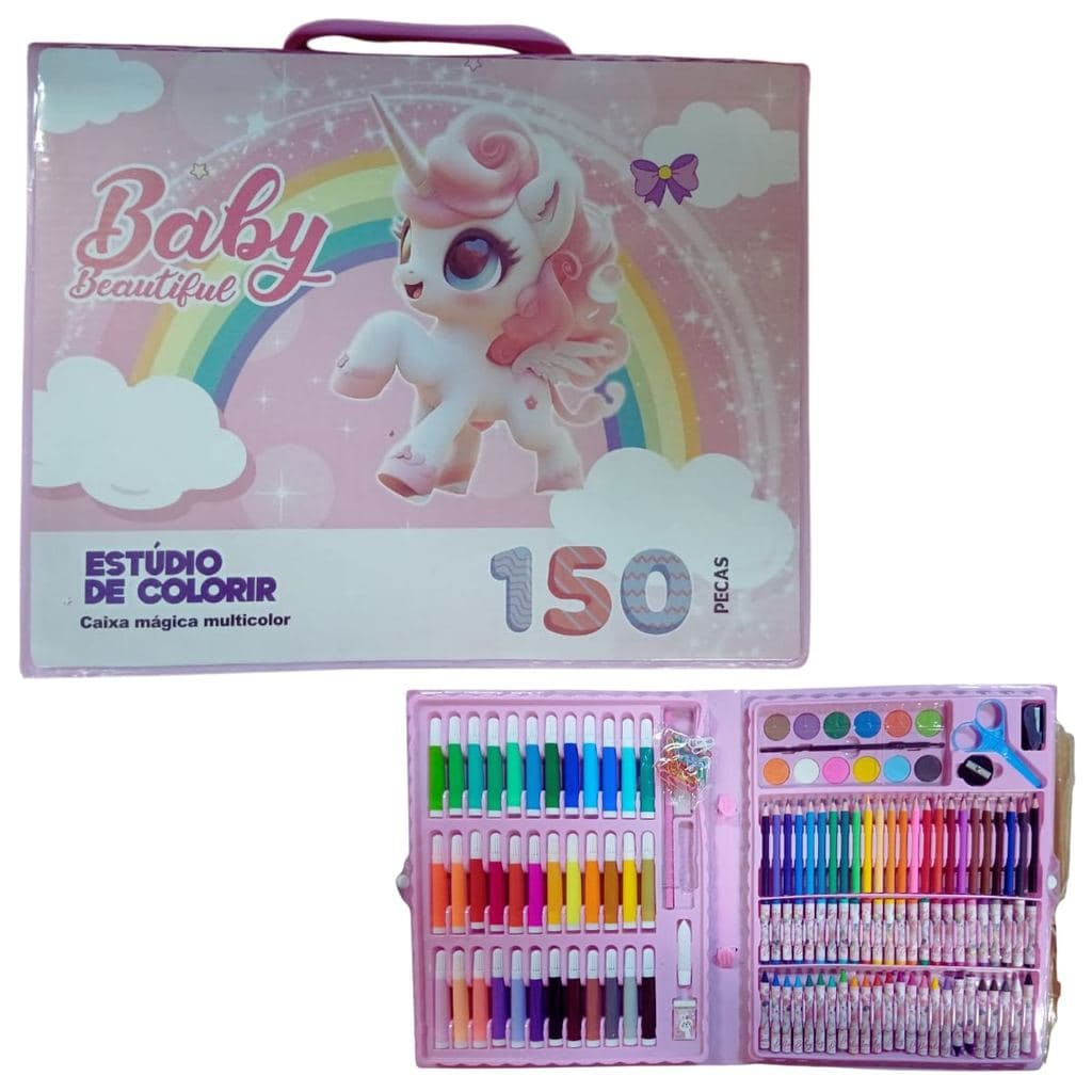 Kit Escolar Menina Maleta Grande Pintura 150 Pçs Unicornio