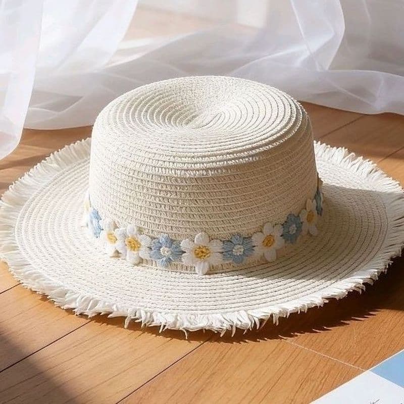 Francês novo estilo praia azul flor branca desgastada plana topo chapéu de verão chapéu de sol protetor solar à beira-ma