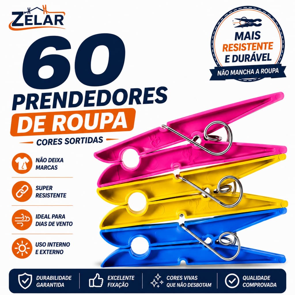 Prendedores Pregadores de Roupa Gigante Reforçado Kit 12 / 24 / 36 / 48 / 60 Unidades - Plástico Resistente