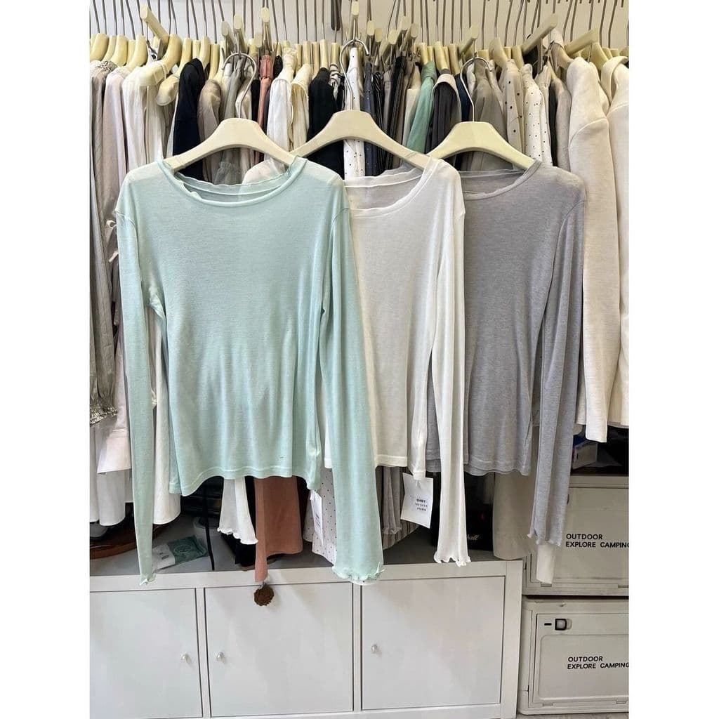 Produtos em estoque pronto entrega no mesmo dia em torno do pescoço Modal algodão manga comprida camiseta feminina verde