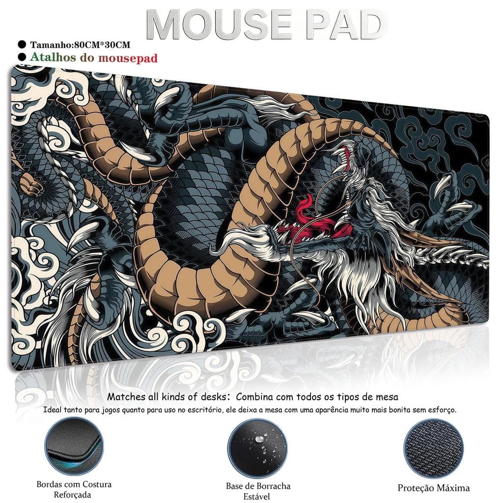 Mouse Pad Gamer Dragão Anime Premium Tapete de Mesa Antiderrapante Borda Reforçada Design Luxo 800x300mm