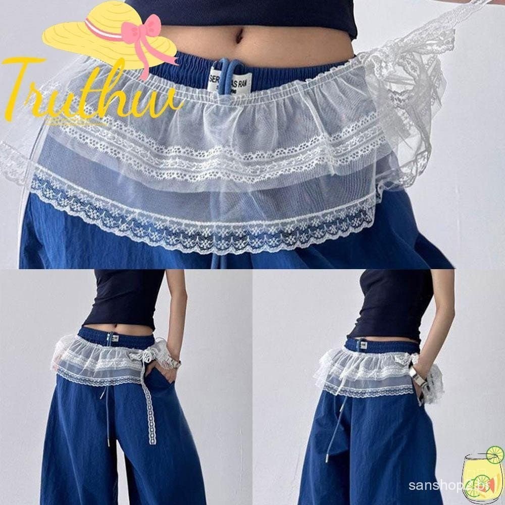 TRUTHW Mini Saia De Renda , Transparente Com Babados E Harajuku , Saias Plissadas Flores Bordadas