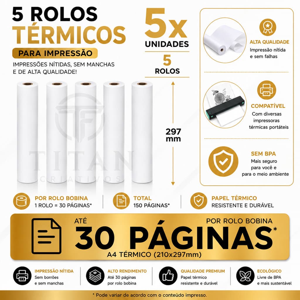 Kit 5 Bobinas Papel Térmico A4 50 Folhas Impressora Térmica