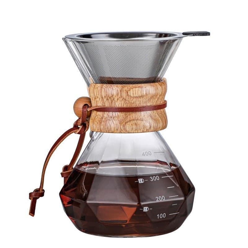Cafeteira De Vidro Com Coador Inox 400ml Alça Madeira Jarra de Vidro com Filtro Passador De Café