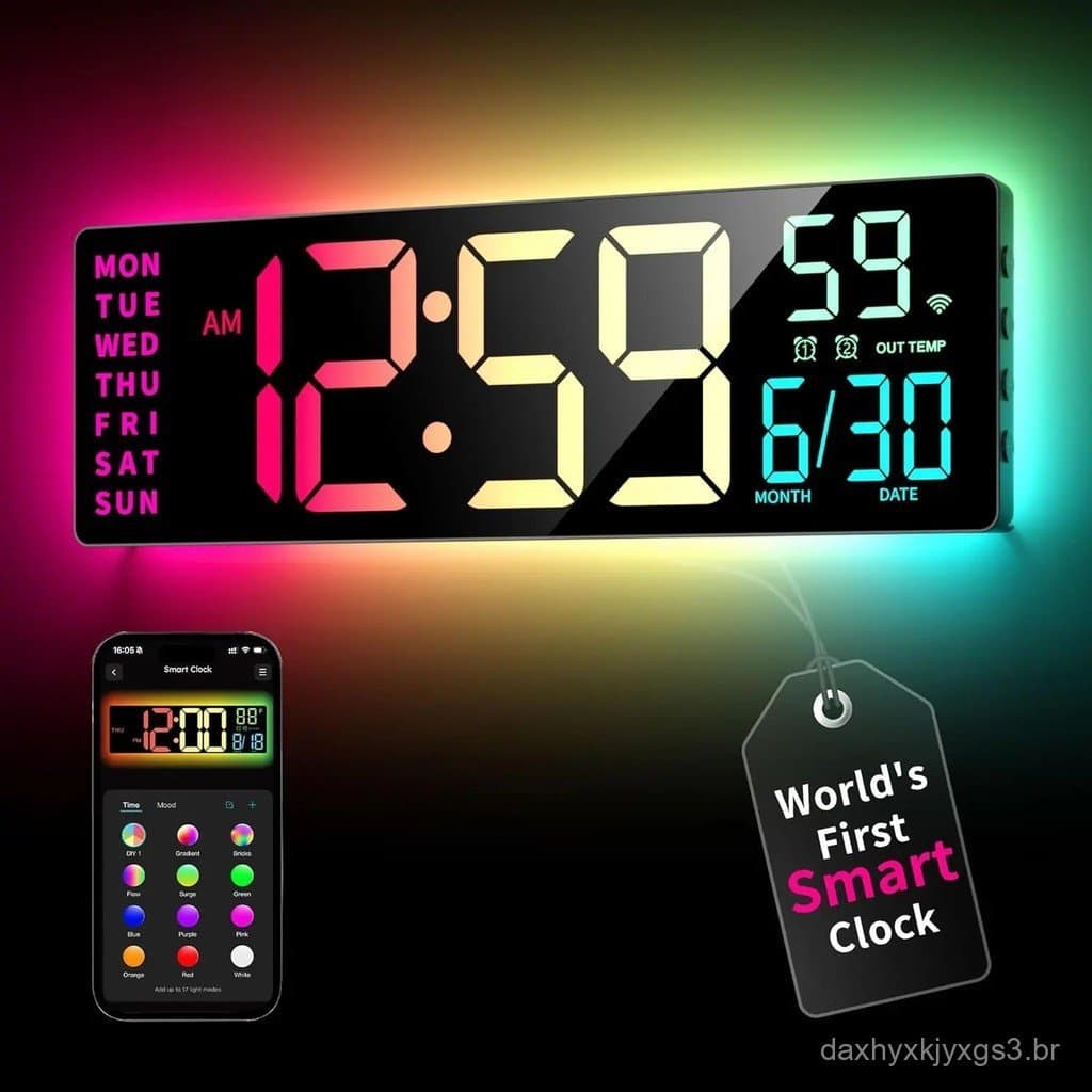 <rgbvibesformatchnight>Relógio de Parede Digital EASYERA de 16,5" com App e Alexa WiFi, Relógio de Parede Grande RGBIC c
