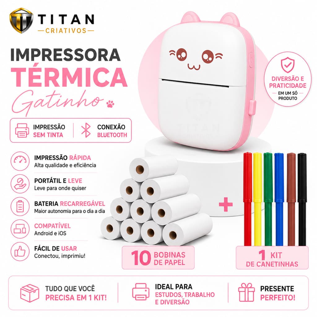 Mini Impressora Térmica Portátil Sem Fio Bluetooth Usb Fotos + 10 Rolos Bobina + 1 kit canetinha