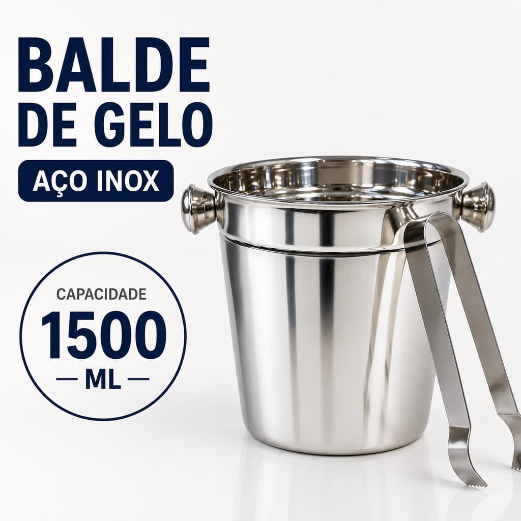 Balde para Gelo Inox 1500ml com Pegador Aço Inoxidável Pequeno Mesa Bar Bebidas Whisky Kit