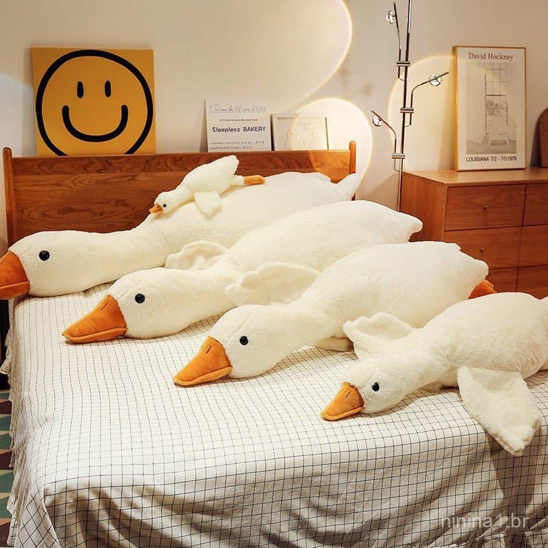 Almofada de Ganso Branco Grande, Boneca de Animal Deitado, Brinquedo de Pelúcia Macio para Relaxar na Hora de Dormir