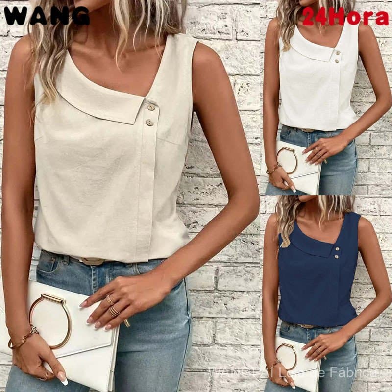 Camiseta Sem Mangas de Cor Sólida com Decote Assimétrico para Mulheres