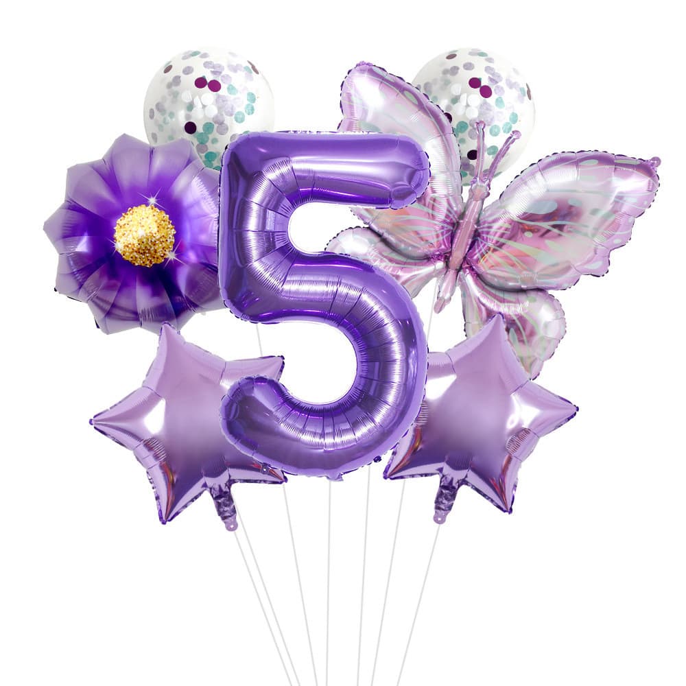 Conjunto Balões Roxo Borboleta Flor Número 7pcs 32 Polegadas Decoração Festa Aniversário Infantil