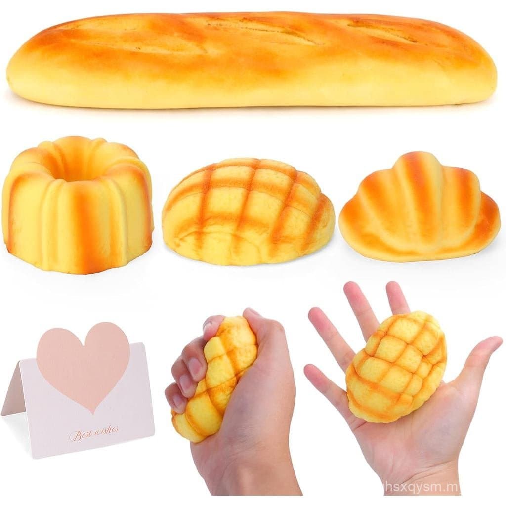Pacote com 4 Squishies de Pão de Crescimento Lento – Brinquedos Macios de Apertar em Forma de Pão, Brinquedos Sensoriais